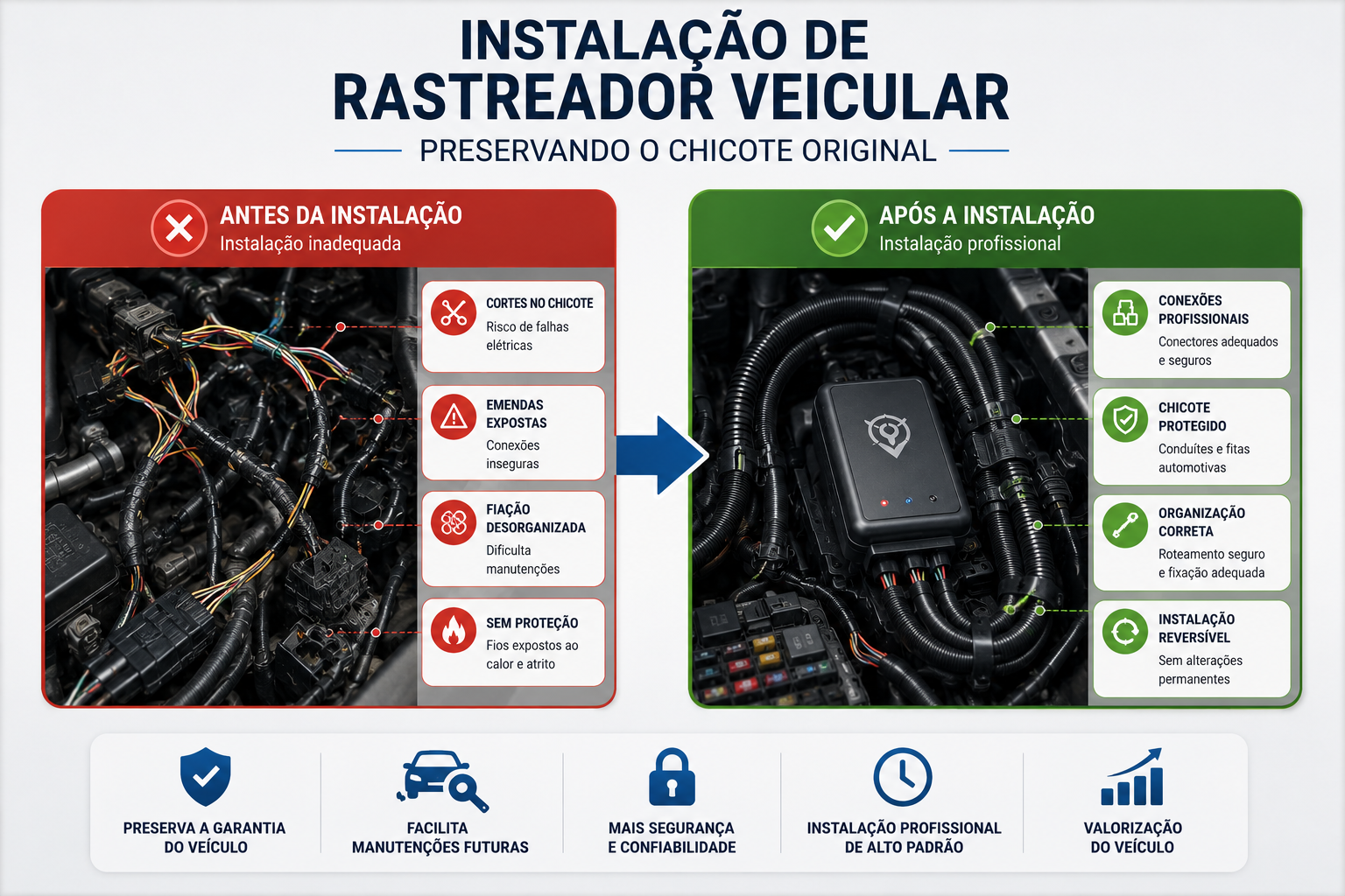 Professional vehicle tracker installation preserving the original wiring harness with cable organization and quality automotive connectors.