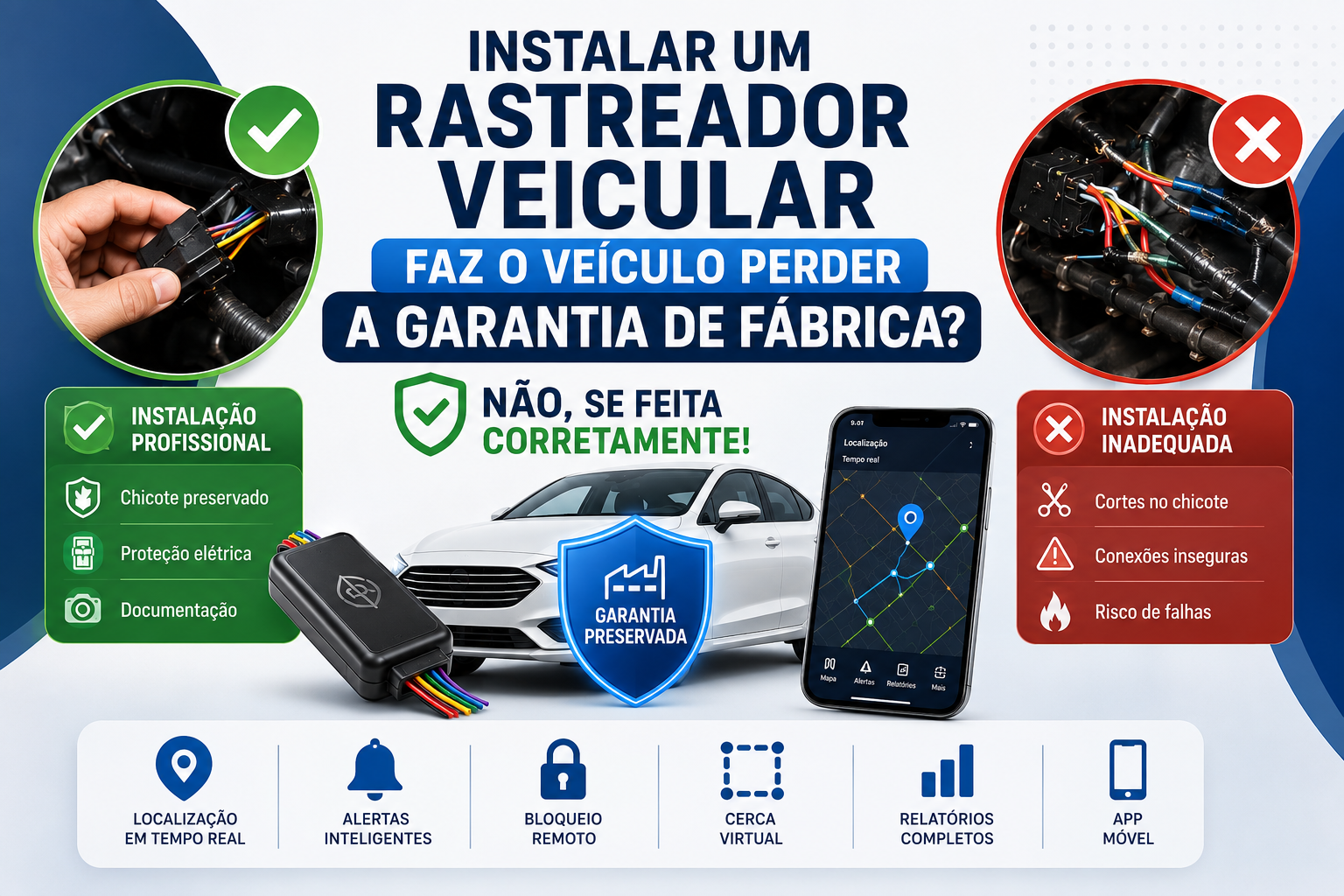 Professional installation of a vehicle tracker in a new car, highlighting precautions to preserve the factory warranty.